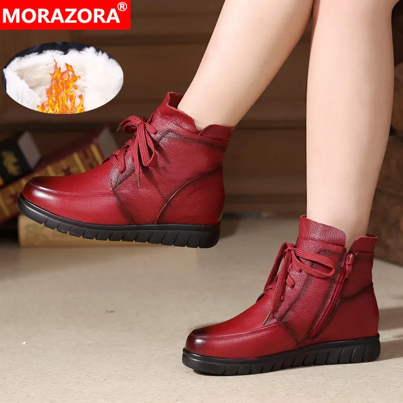 Arctic Ridge Snow Boots MORAZORA 2020 hot sale soft leather Motorcycle Boots women lace up warm snow boots zip flat shoes ladies ankle boots winter