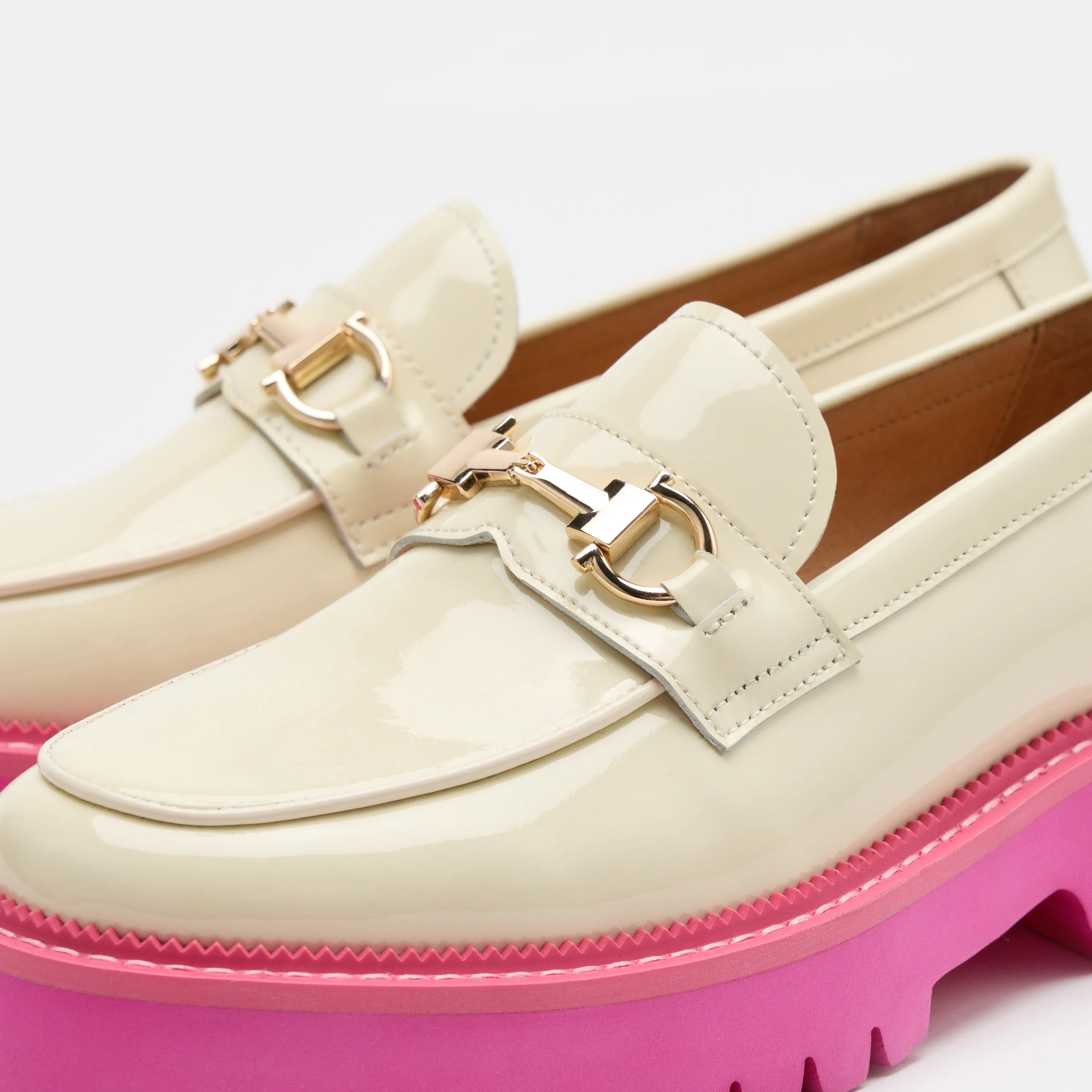 Ms. Boulevard Cream/Pink Patent Leather Bit Loafers Penny Loafers Tassel