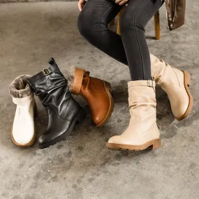 Ugg Emmett Duck Boot Snow SoftLeather Mid Calf Boots Fold Design Riding Boots Short Plush Lined For Winter