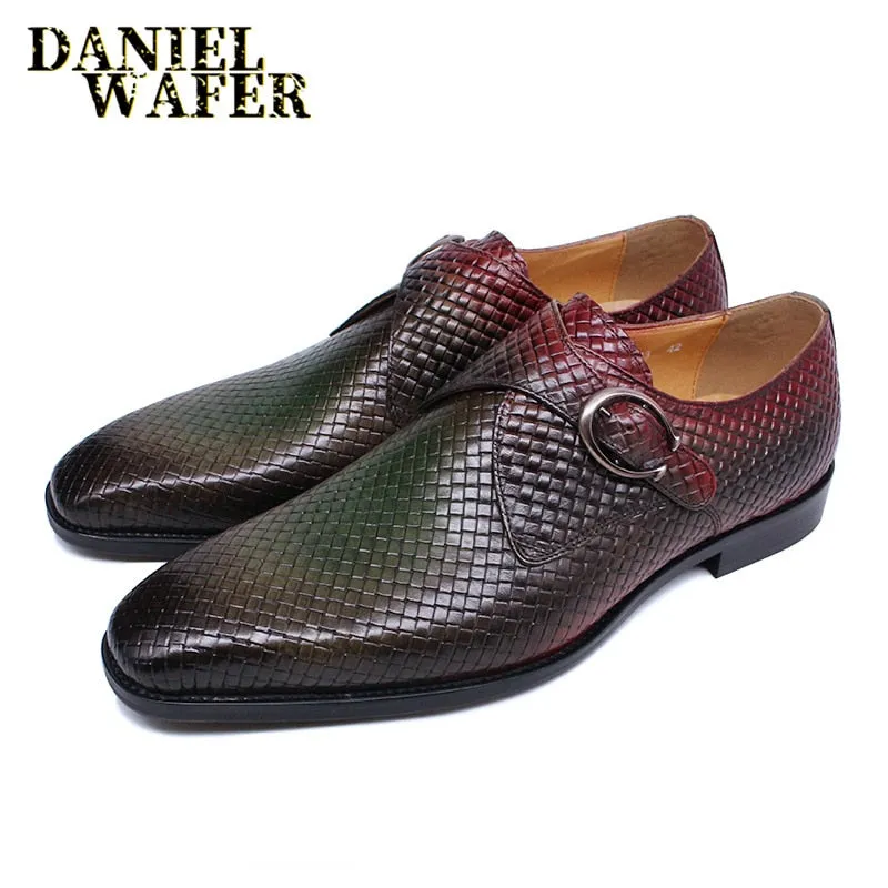 Luxury Men Loafers Shoes Slip on Monk Strap Mix Color Black Men Casual Shoes Dress Office Business Wedding Genuine Leather Shoes Woven Loafers