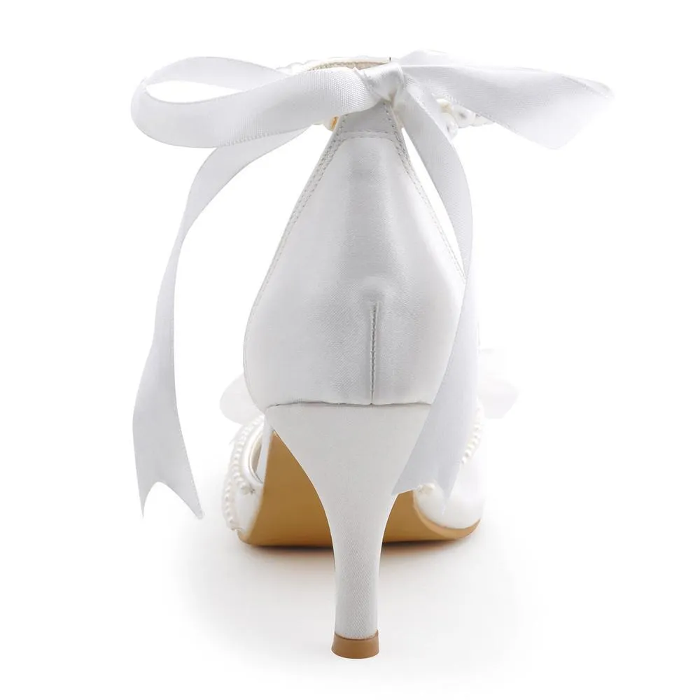 Pearls Women Wedding Shoes With Ribbons Lace Up Party Shoes Pointed Toes, S030 Dress Shoes Wear Sneakers