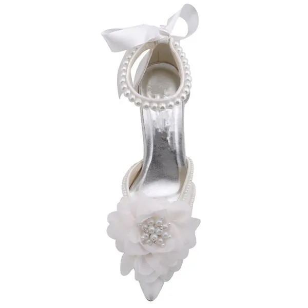 Pearls Women Wedding Shoes With Ribbons Lace Up Party Shoes Pointed Toes, S030 Leather Dress Shoes