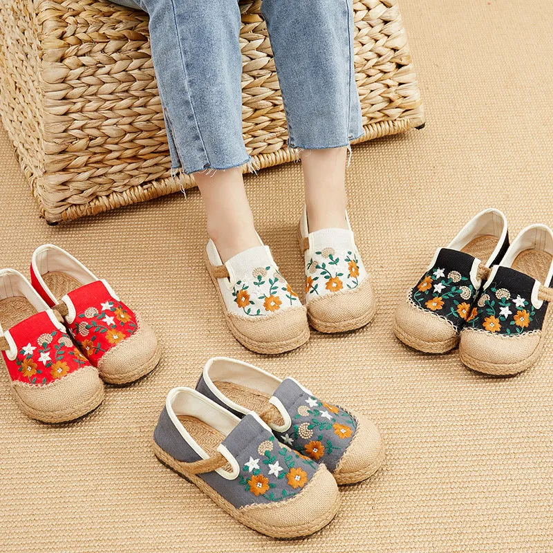 spring embroidered shoes flat-heeled, low-cut embroidered shallow shoes, literary and ethnic style women's shoes linen casual shoes Women Asics Shoe