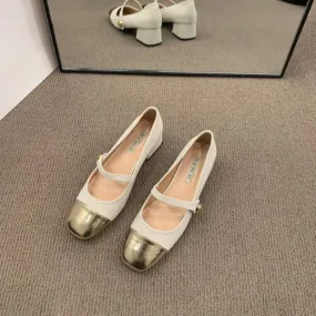 Spring Low Thick Heel Mary Jane Shoes Fashion Women Round Toe Shallow Flat Shoes Ladies Elegant Outdoor Single Leather Shoes Camel Flat Shoes