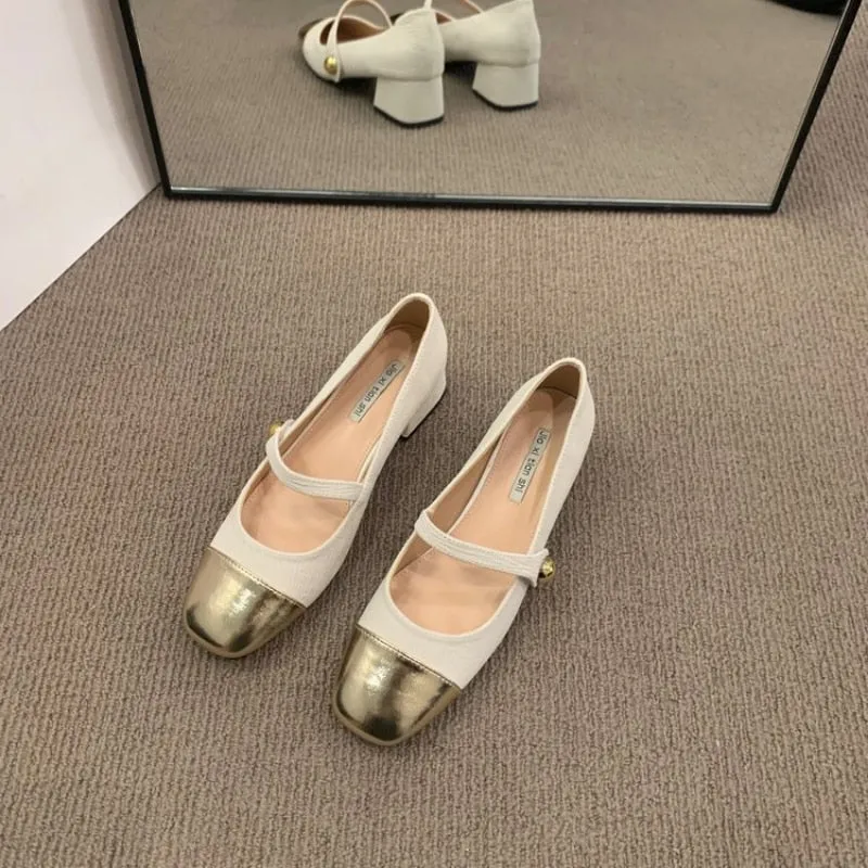 Spring Low Thick Heel Mary Jane Shoes Fashion Women Round Toe Shallow Flat Shoes Ladies Elegant Outdoor Single Leather Shoes Formal Dress Flat Shoes