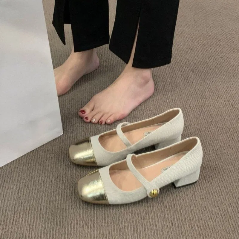 Fox Union Flat Shoes Spring Low Thick Heel Mary Jane Shoes Fashion Women Round Toe Shallow Flat Shoes Ladies Elegant Outdoor Single Leather Shoes