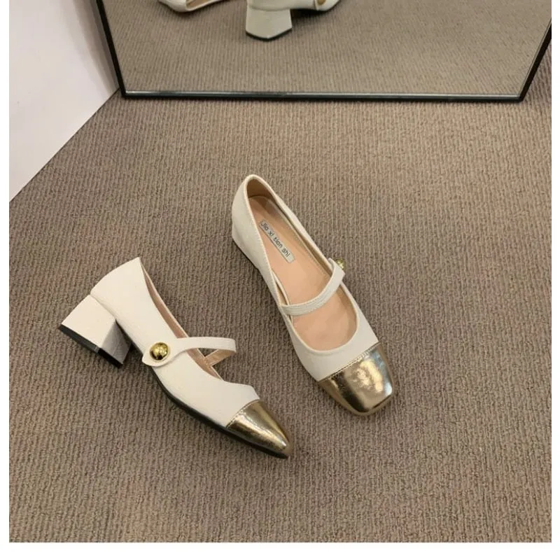 Flat Pedal Shoe Spring Low Thick Heel Mary Jane Shoes Fashion Women Round Toe Shallow Flat Shoes Ladies Elegant Outdoor Single Leather Shoes