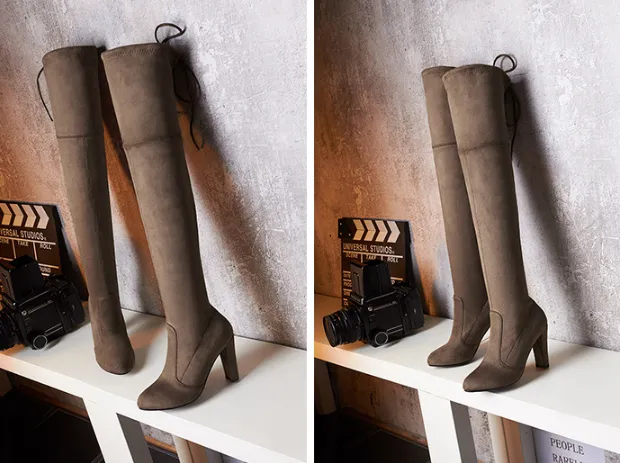 Velvet High Heels Chunky Thigh High Boots  for Women 7966 Good Boots To Wear With Jeans