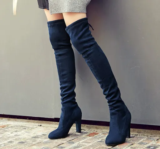 Block Heel Boots Velvet High Heels Chunky Thigh High Boots  for Women 7966