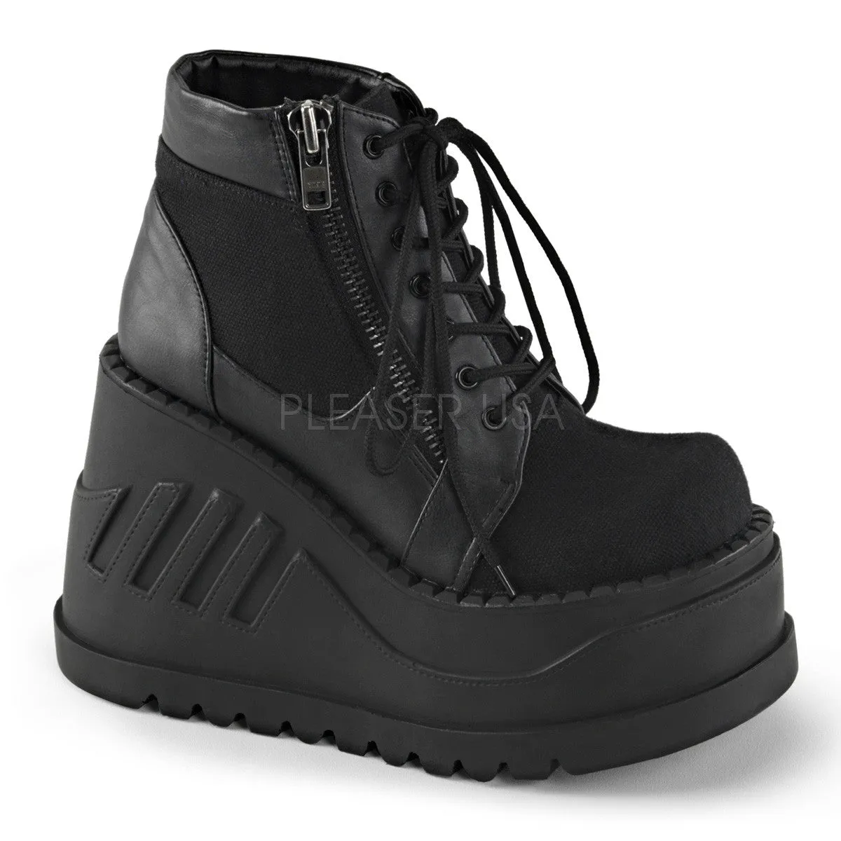 Demonia STOMP-10 Black Canvas-Vegan Leather Boots Kiltie Work Boots