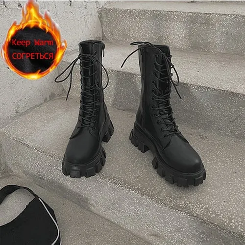 Romildi Women Motorcycle Boots Wedges Flat Shoes Woman High Heel Platform PU Leather Boots Lace Up Women Shoes Black Boots Girls Jeans With Flat Shoes