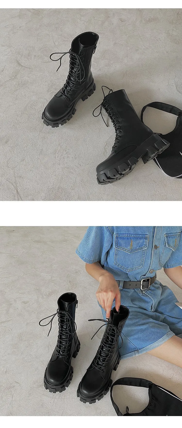 Shop Flat Shoes Romildi Women Motorcycle Boots Wedges Flat Shoes Woman High Heel Platform PU Leather Boots Lace Up Women Shoes Black Boots Girls