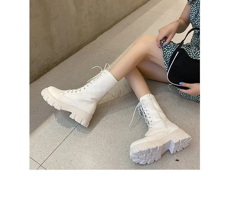 Office Outfits With Flat Shoes Romildi Women Motorcycle Boots Wedges Flat Shoes Woman High Heel Platform PU Leather Boots Lace Up Women Shoes Black Boots Girls
