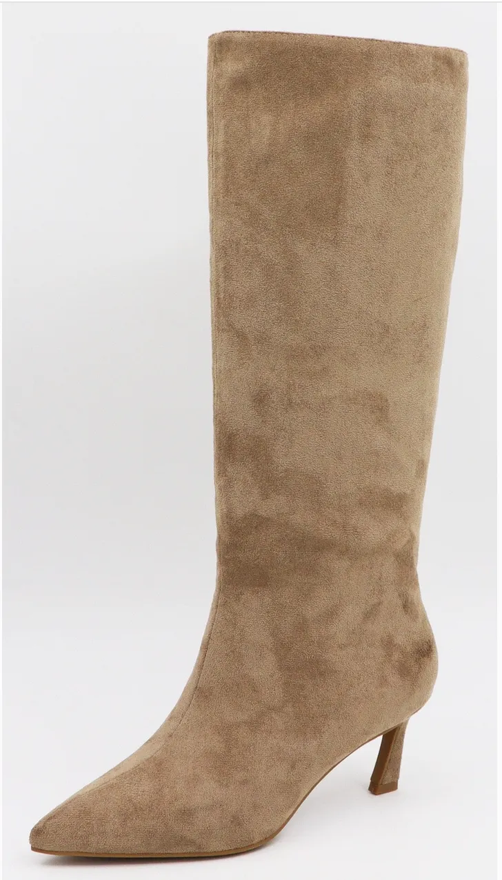 Brown Leather Lace Up Boots Bamboo Women Kitten Heel Pointed Toe Tall Boots