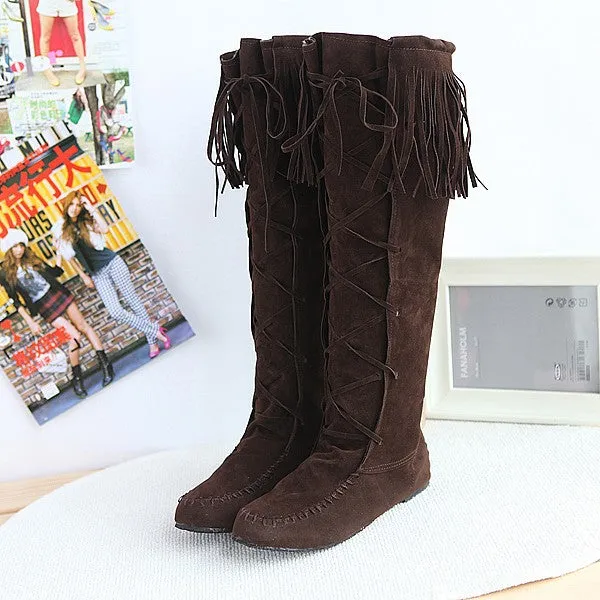 Saltwater Duck Boots Tassel Suede Flat Tall Boots for Women 4549