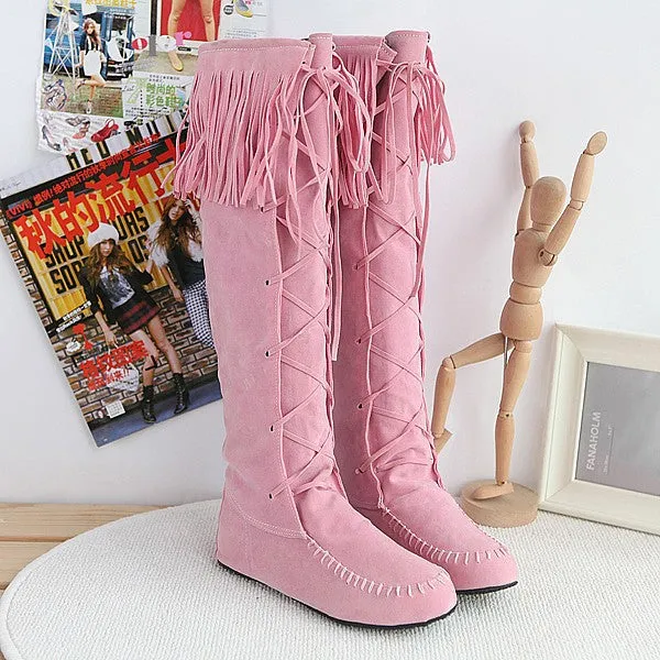 Tassel Suede Flat Tall Boots for Women 4549 Unna Boots