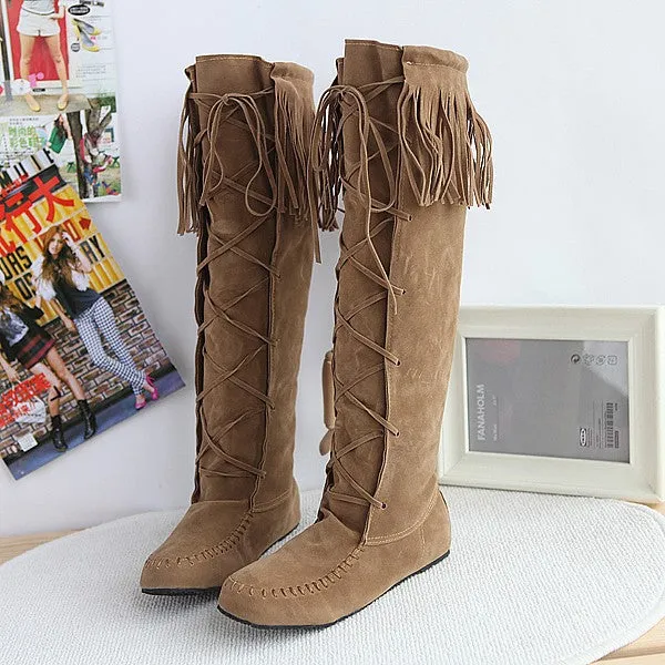 Harness Boots Tassel Suede Flat Tall Boots for Women 4549