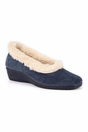 Durable Material Easygoing Footwear Lunar Glynis Navy Fur Trim Wedge Slipper KLA154
