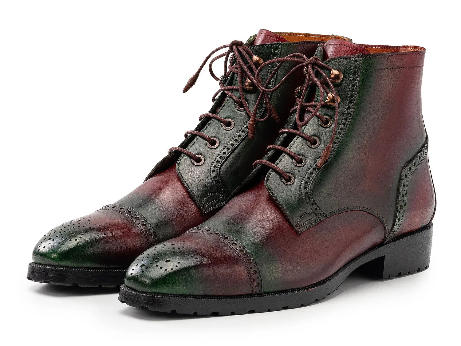 Dr Lace Up Boots Paul Parkman Men's Green & Brown Hand-Painted Cap Toe Boots (ID#BT9566-BRG)