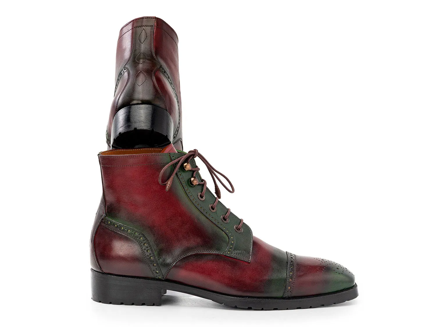 Paul Parkman Men's Green & Brown Hand-Painted Cap Toe Boots (ID#BT9566-BRG) Duty Boots