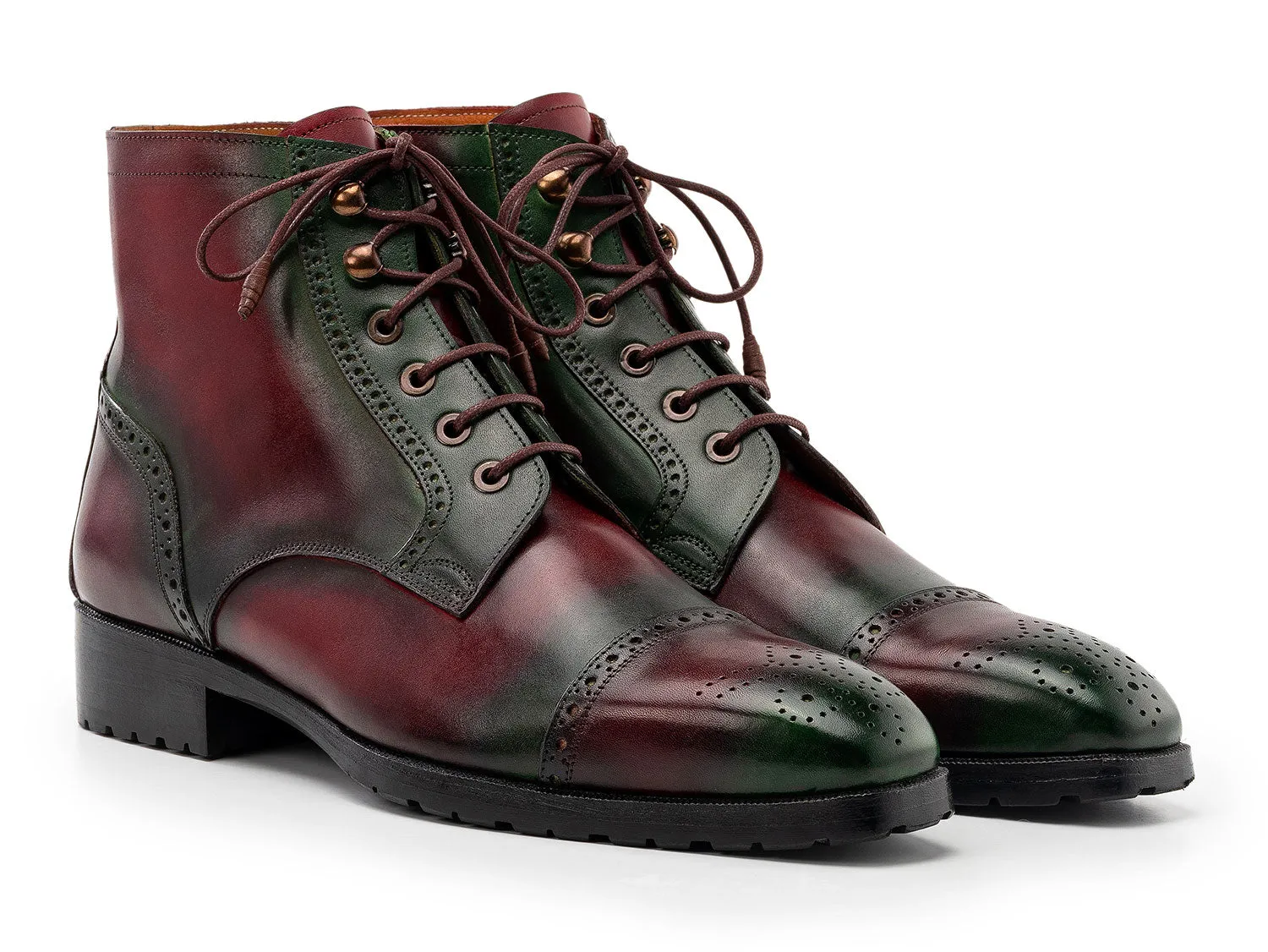 Paul Parkman Men's Green & Brown Hand-Painted Cap Toe Boots (ID#BT9566-BRG) Boots Tactical