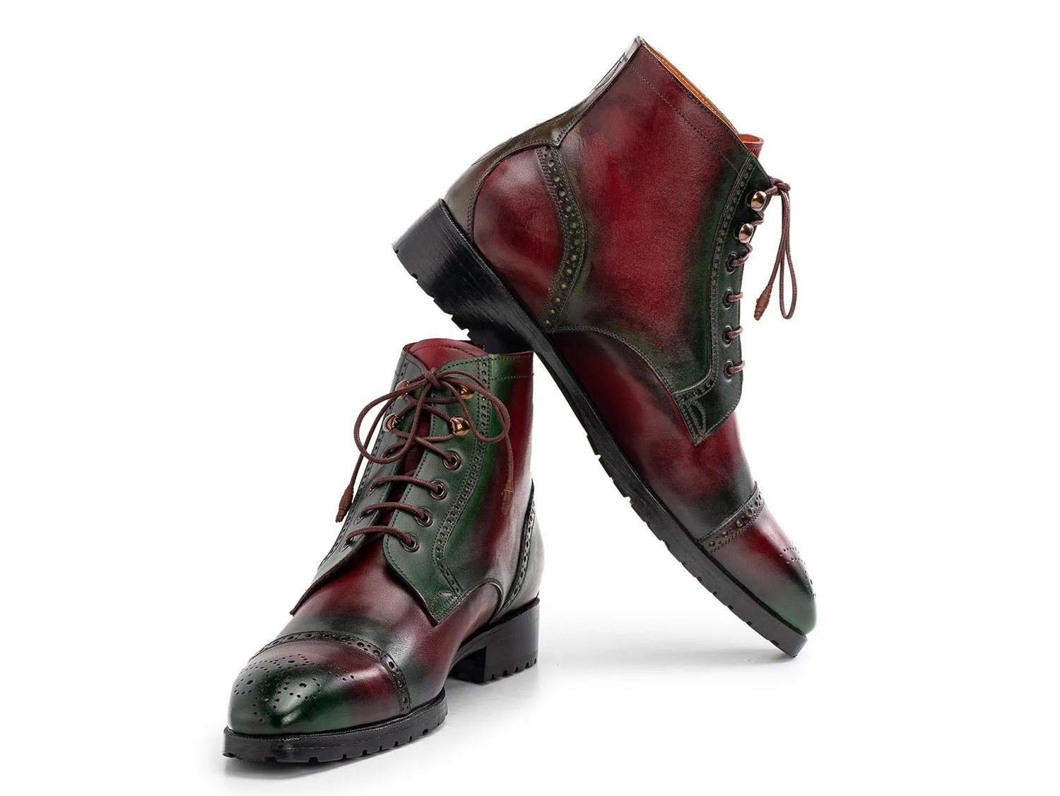 Paul Parkman Men's Green & Brown Hand-Painted Cap Toe Boots (ID#BT9566-BRG) Irregular Choice Boots