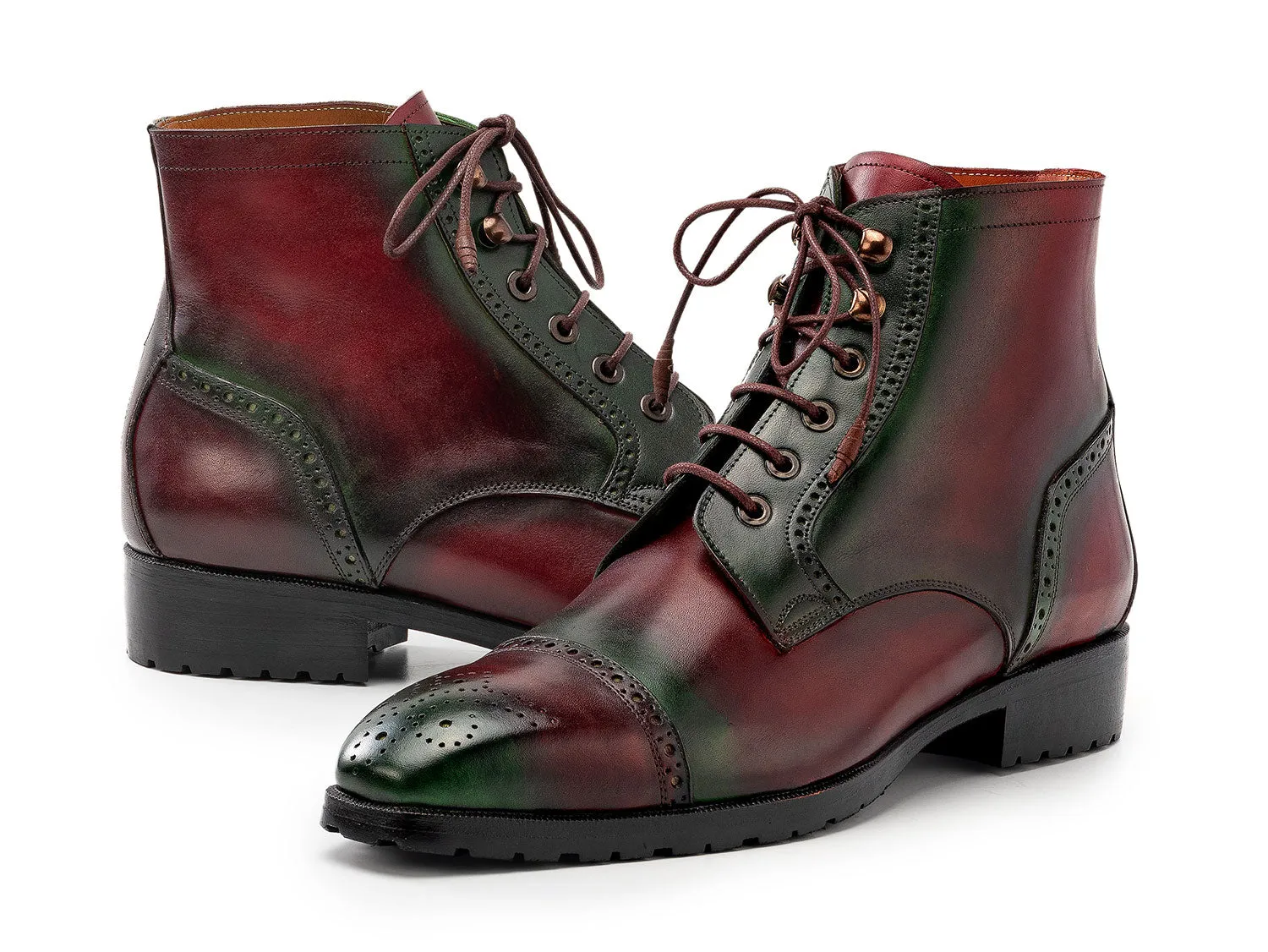 Paul Parkman Men's Green & Brown Hand-Painted Cap Toe Boots (ID#BT9566-BRG) Dog Boots For Cactus