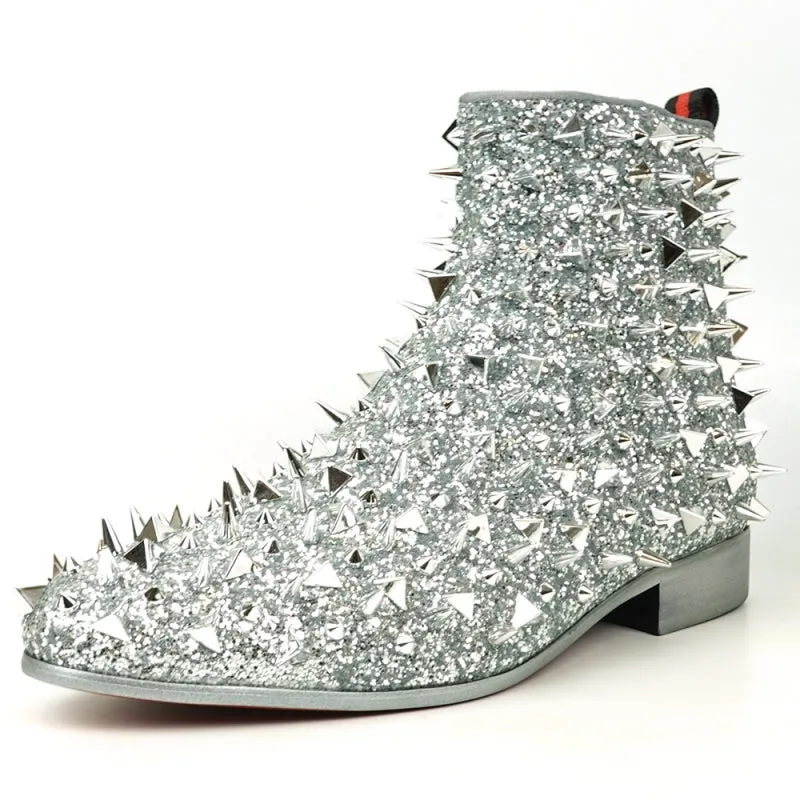 FI-7527 Silver Glitter Silver Spikes Boot Encore by Fiesso Flat Shoes Formal Dress
