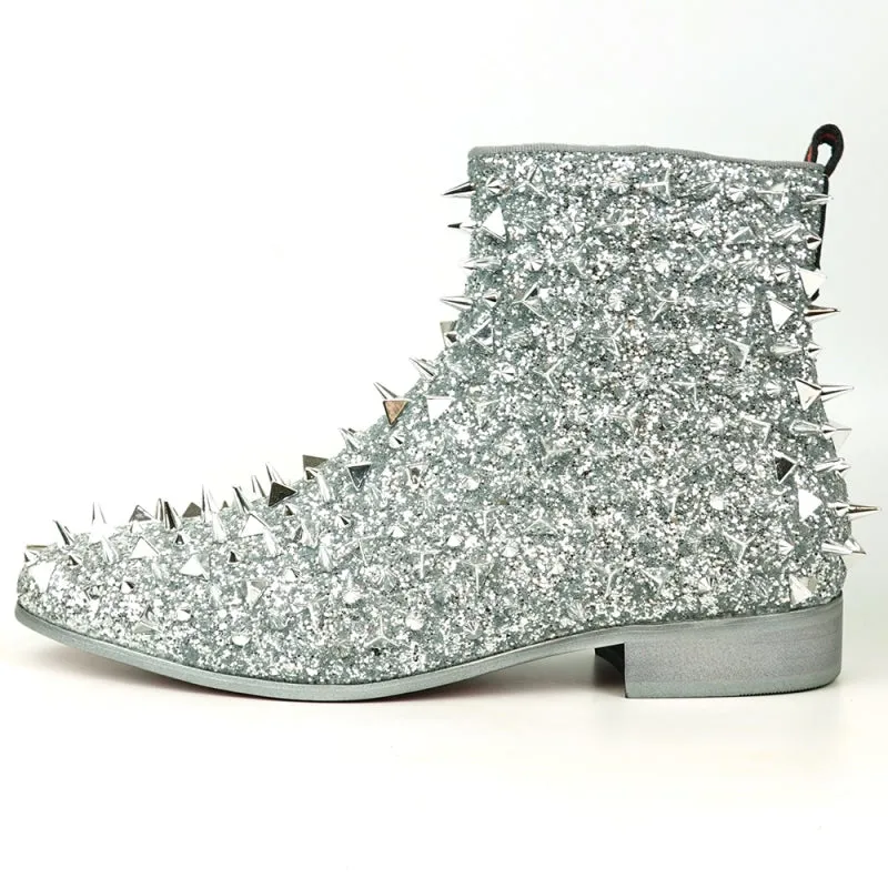 FI-7527 Silver Glitter Silver Spikes Boot Encore by Fiesso Dress Shoe Size Vs Sneakers