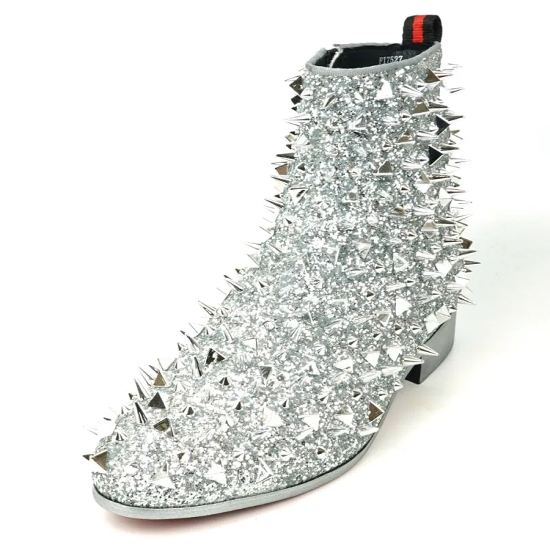 Dress Shoes For Back Pain FI-7527 Silver Glitter Silver Spikes Boot Encore by Fiesso