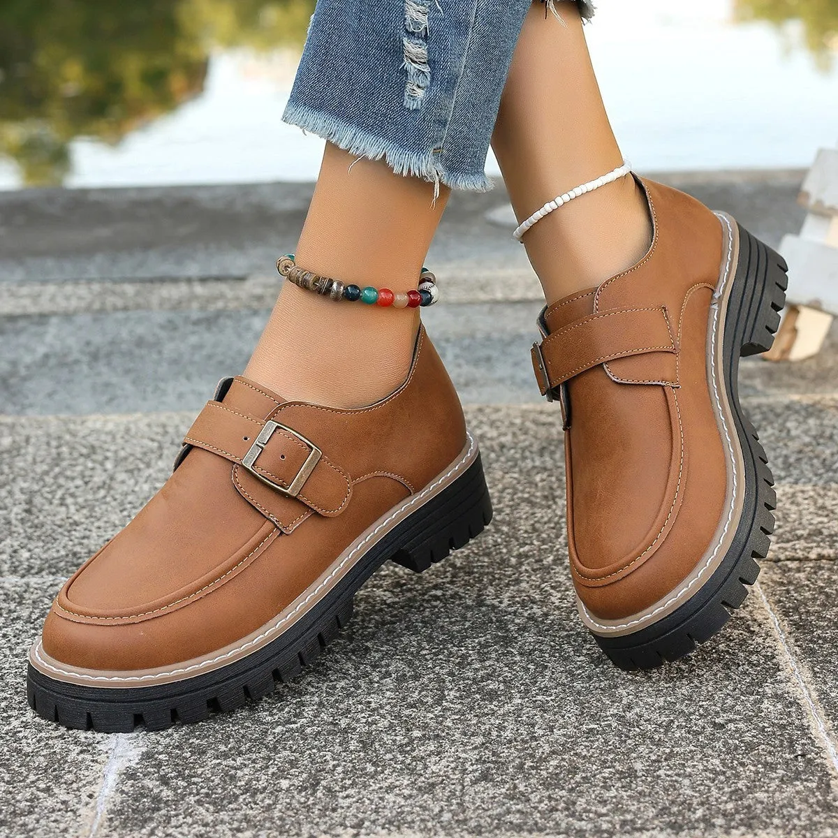 Earth Loafers Fashion Buckle Loafers For Women British Style Height-increasing Thick-soled Casual Shoes