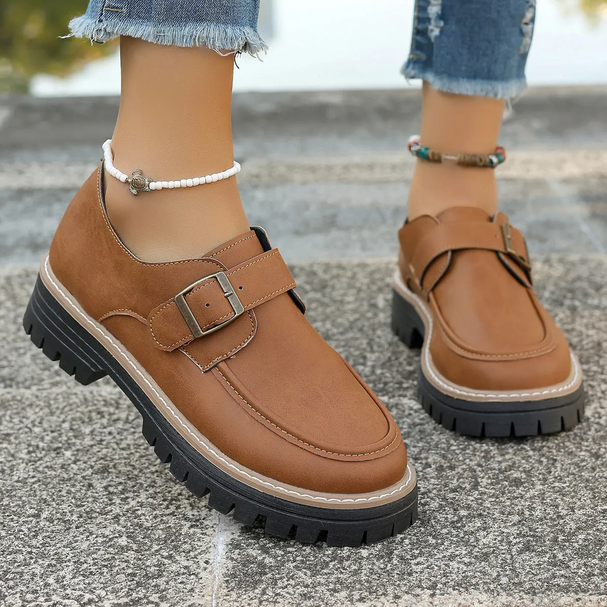 Fashion Buckle Loafers For Women British Style Height-increasing Thick-soled Casual Shoes Union Loafers Stl