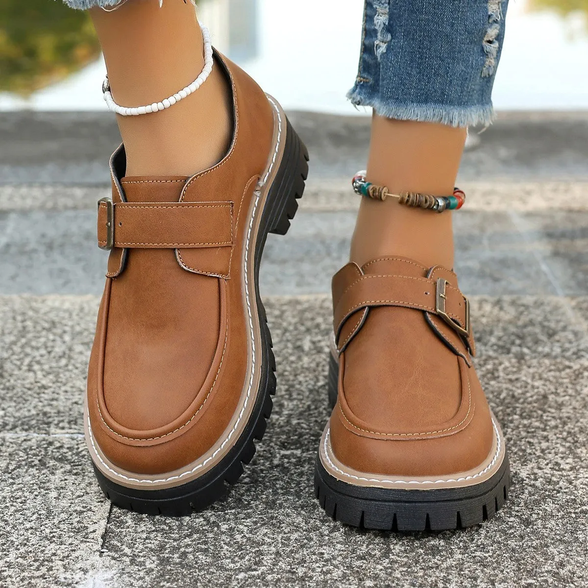 Fashion Buckle Loafers For Women British Style Height-increasing Thick-soled Casual Shoes Doc Marten Loafers