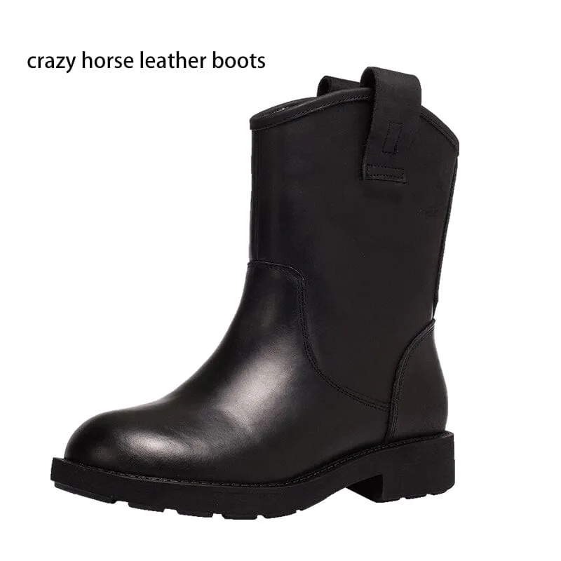 Koi Broken Helm Snow Boots Western Cowboy Boots Handmade Top Cowhide Snow Boots Fleece Lined Black/Coffee/White