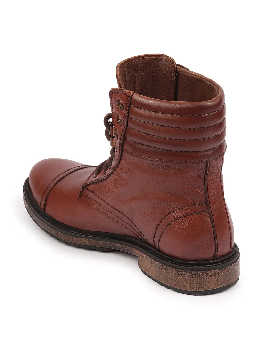 Men Tan High Ankle Genuine Leather 8-Eye Lace Up Cap Toe Welted Sole Winter Biker Boots Office Work Boots