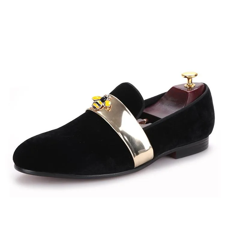 OneDrop Handmade Men Velvet Gold Patent Leather Bee Buckle Wedding Party Prom Loafers Kelly And Katie Loafers