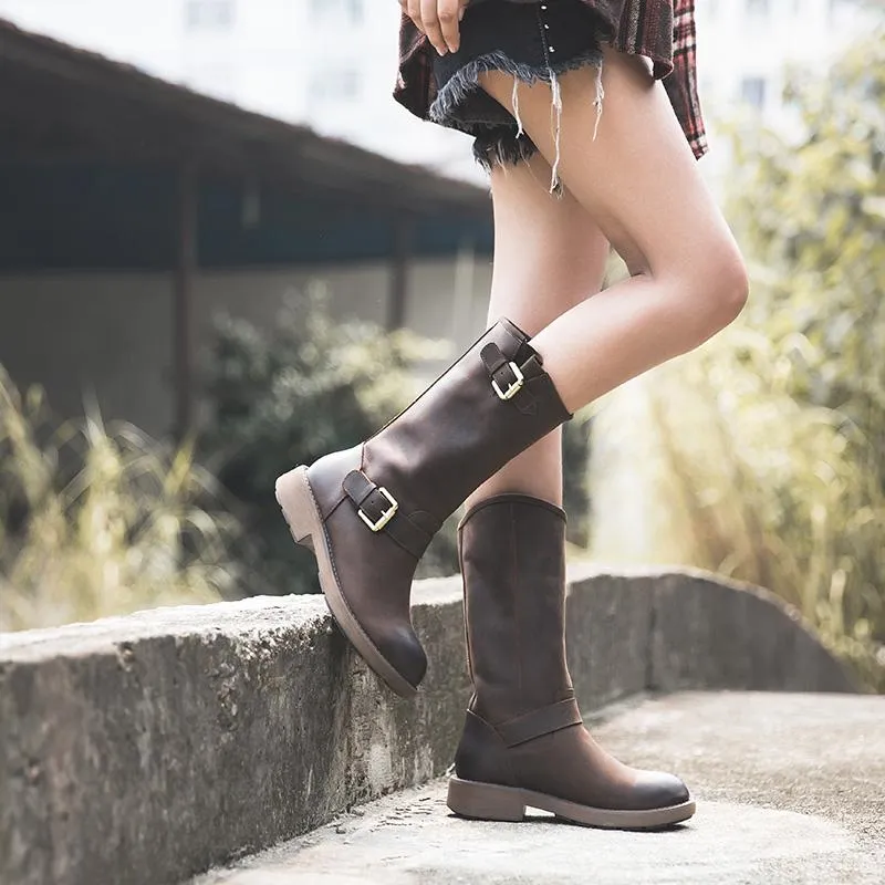 Crazy Horse Leather Mid Calf Boots Western Cowboy Boots Retro Riding Boots Brown/Coffee/Black Snow Boot Wellies