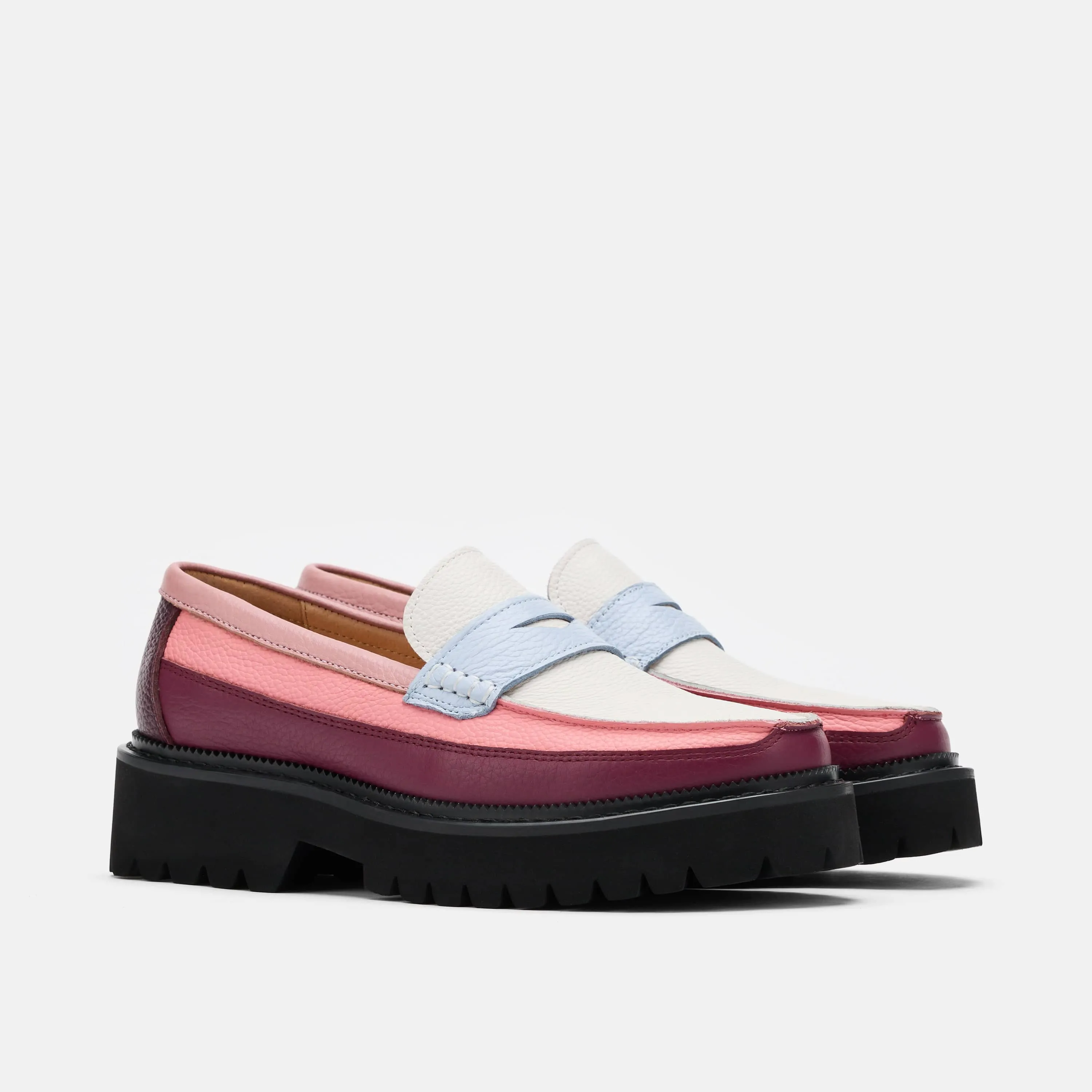 Loafers Stl Ms. Adler Colorblock Pink/Burgundy/Blue Leather Lug Penny Loafers