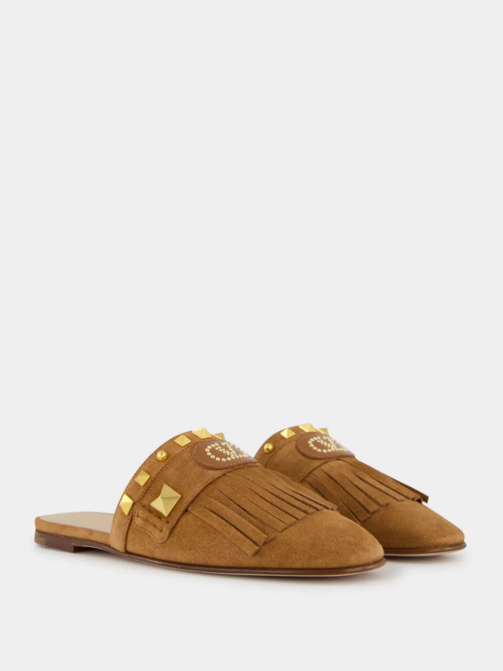 Copper Brown Suede Flat Slippers with Rockstuds Bunny Slippers