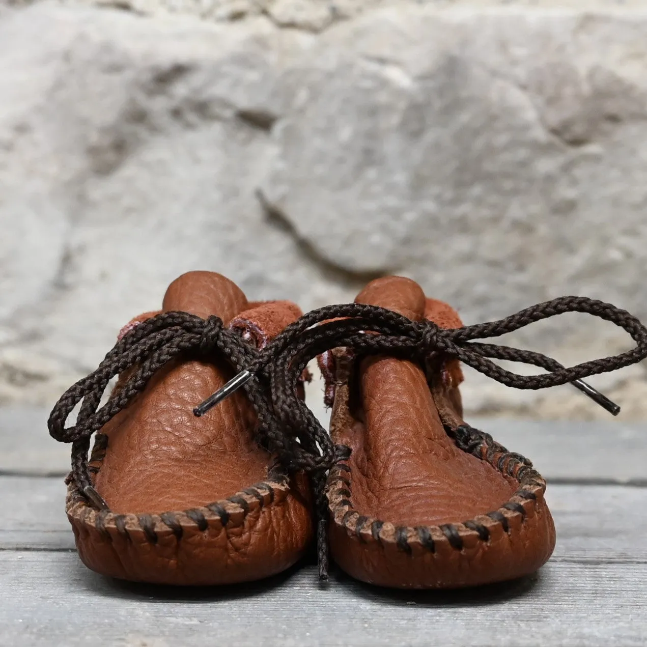 Wapsi "Cinnamon" in Rust Colored Leather and Dark Stitch Felted Wool Slippers