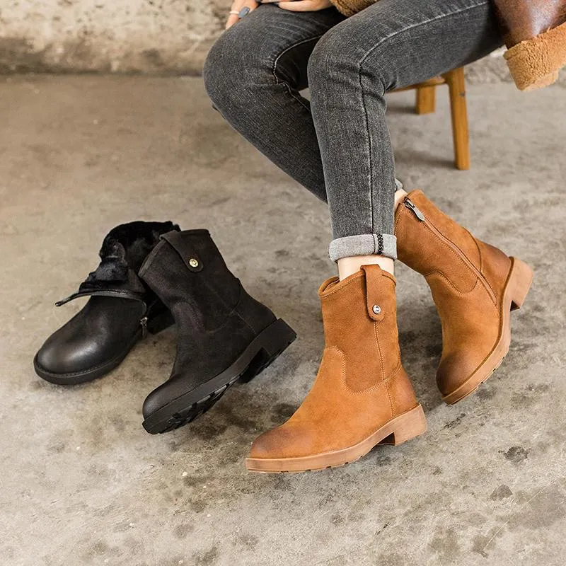 Snow Hiking Boots Chunky Heel Short Plush Lined Leather Short Boots For Winer Snow Boots in Black / Coffee