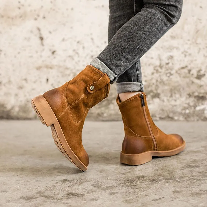 Chunky Heel Short Plush Lined Leather Short Boots For Winer Snow Boots in Black / Coffee Ash Snow Boots