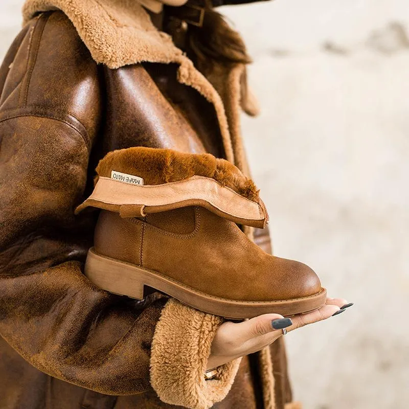 Chunky Heel Short Plush Lined Leather Short Boots For Winer Snow Boots in Black / Coffee Neiman Marcus Snow Boots