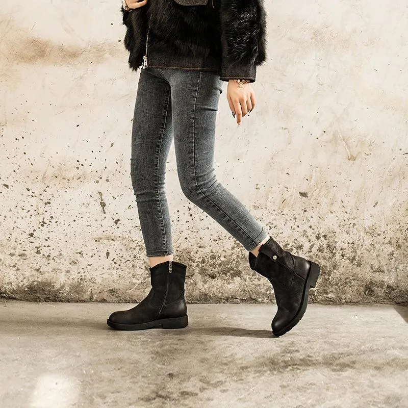 Alpina Snow Boots Chunky Heel Short Plush Lined Leather Short Boots For Winer Snow Boots in Black / Coffee