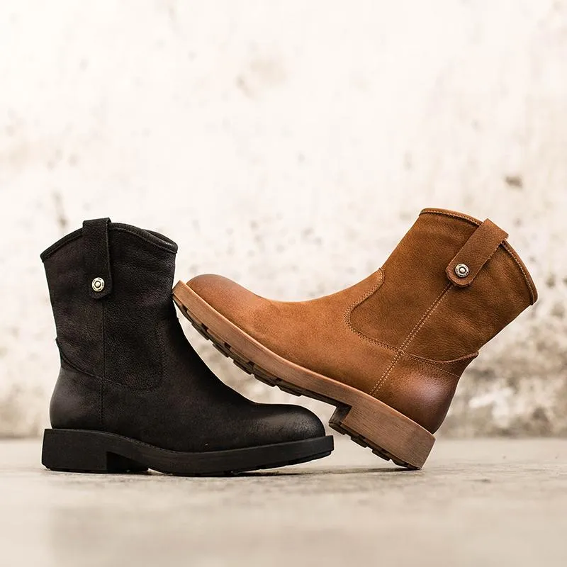 Chunky Heel Short Plush Lined Leather Short Boots For Winer Snow Boots in Black / Coffee Boots To Wear In The Snow