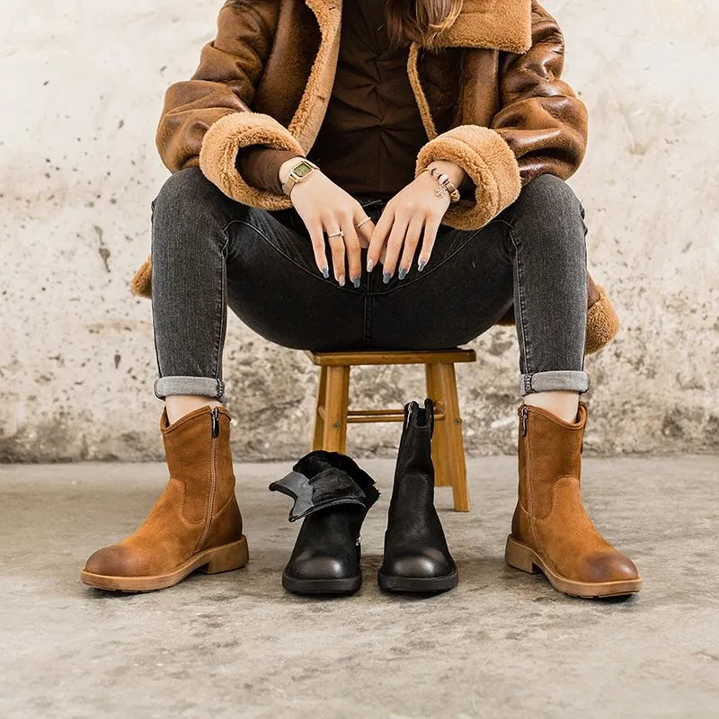 Chunky Heel Short Plush Lined Leather Short Boots For Winer Snow Boots in Black / Coffee Dolls Kill Snow Boots