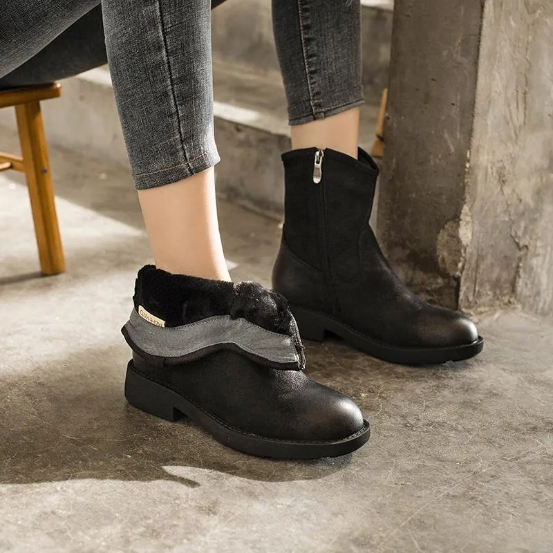 Chunky Heel Short Plush Lined Leather Short Boots For Winer Snow Boots in Black / Coffee Snow Skis With Boots