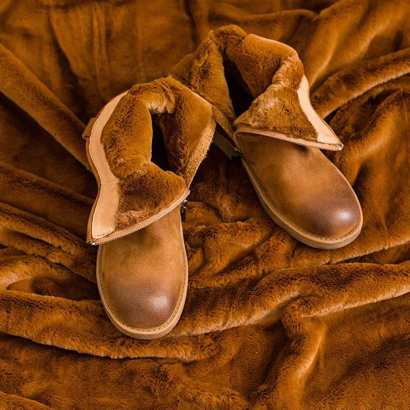 Snow Boots Waterproof Chunky Heel Short Plush Lined Leather Short Boots For Winer Snow Boots in Black / Coffee