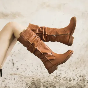 WaxingLeather Knee High Boots Fold Design Riding Boots Buckle Boots in Black/Brown Snow Boots Aspen