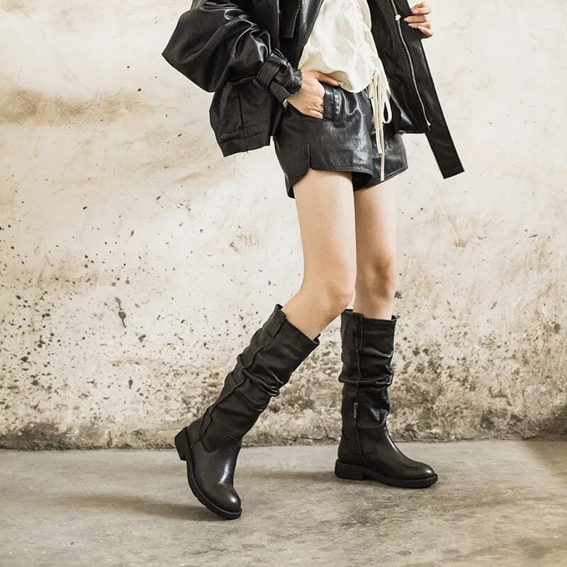 WaxingLeather Knee High Boots Fold Design Riding Boots Buckle Boots in Black/Brown Snow Boots Anti Slip